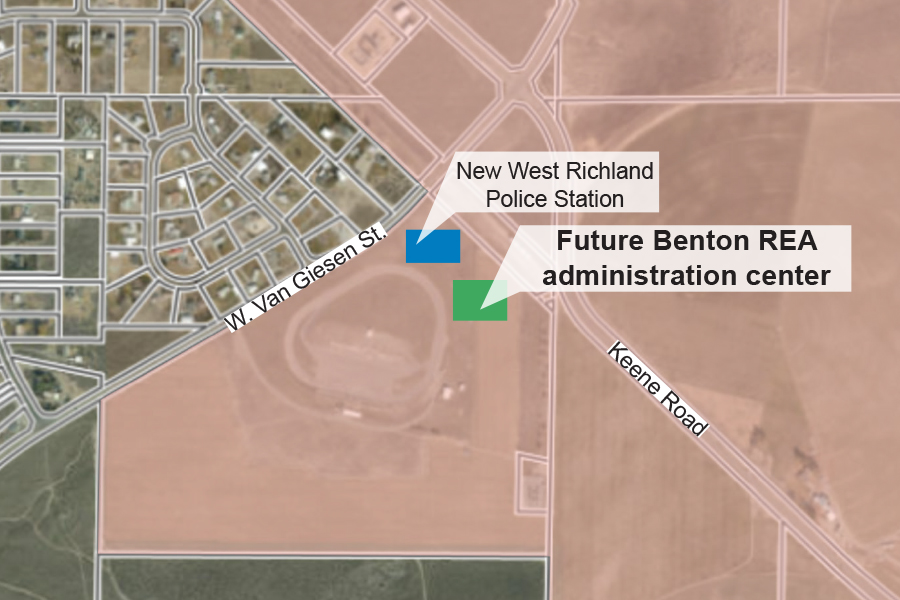 Benton Rural Electric Association closed a deal for nearly 18 acres to build a new administration building next door to the newly-built West Richland Police Station and Tri-City Raceway. (Graphic by Vanessa Guzmán)