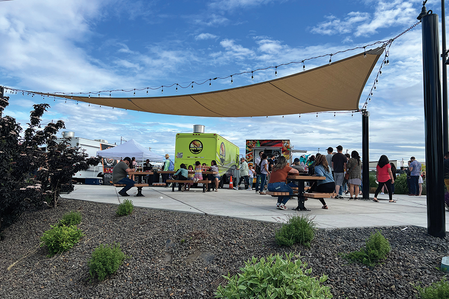 The Port of Kennewick added a food truck plaza and canopy during the second phase of its Columbia Gardens Urban Wine & Artisan Village, near the cable bridge. The port will hold a pandemic-delayed ribbon cutting to celebrate the newest phase on July 28. (Courtesy Port of Kennewick)