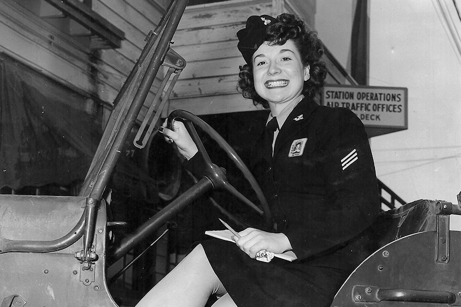 Altha (Skogley) Simmelink-Perry poses in a jeep during her World War II service as a Navy WAVE at Naval Air Station Pasco in 1944. (Courtesy Malin Bergstrom/Bergstrom Aviation)