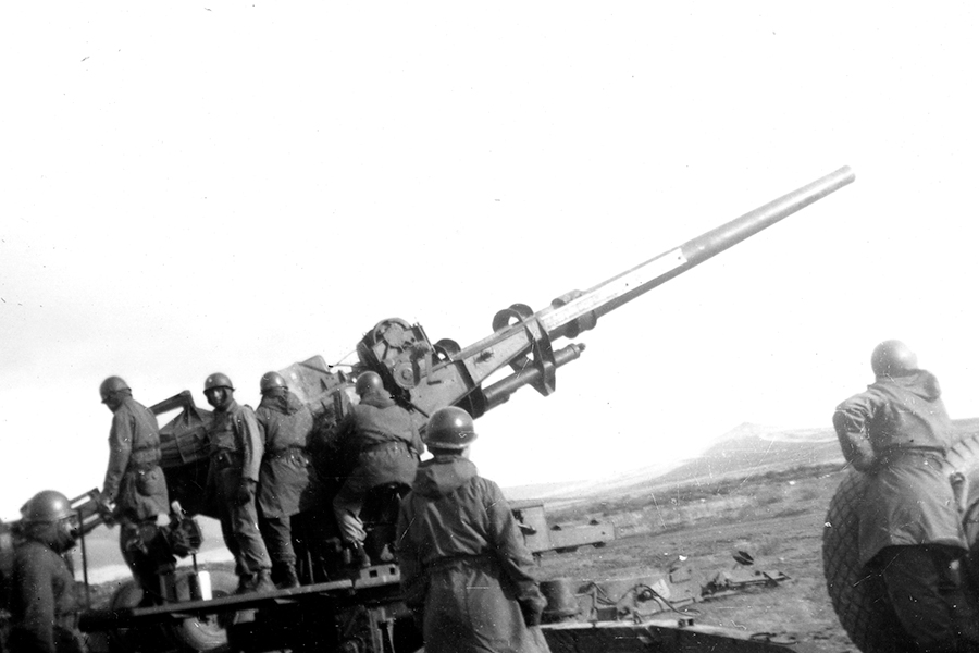 The Army 5th Anti-Aircraft Group, based at Camp Hanford, protected the nation’s critical plutonium production facilities in the 1950s. In this undated photo, the late Warren Slagle’s crew drills on Gun #2. (Courtesy Hanford History Project)