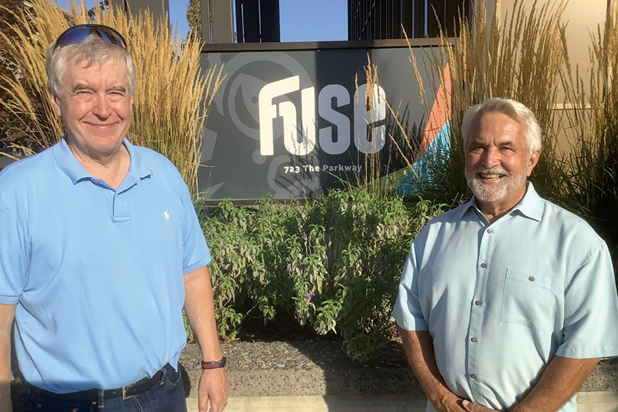 Bob Wegeng, left, STARS Technology Corporation, and Marty Conger of Fuse Fund stand outside of the Fuse building in Richland. (Photo by Jeff Morrow)