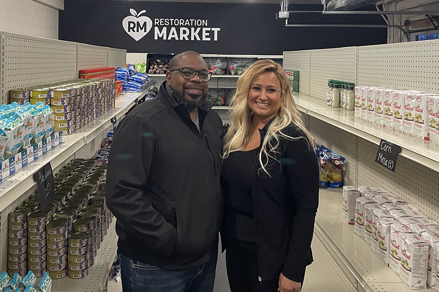 Marlando and Stephanie Sparks opened Restoration Market, a Kennewick food hub offering free food to members of the community who need it, at 4000 W. Clearwater Ave., Suite 110, Kennewick. The market provides weekly shopping opportunities in a unique environment for families looking for food assistance, with no documentation required to receive help. (Photo by Robin Wojtanik)