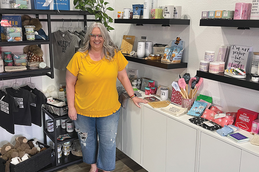 Teresa VanDoorn offers a wide range of gift items, from classy to sassy, at her new store, The Teal Box, in Richland’s Parkway shopping area. (Photo by Robin Wojtanik)