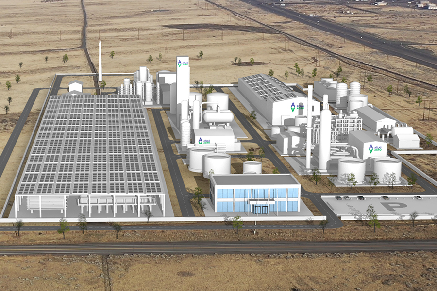 A preliminary rendering of Atlas Agro's design concept for a $1 billion zero-carbon fertilizer plant in Richland. The final design may change as the project is refined and finalized, the company said. (Courtesy Atlas Agro)