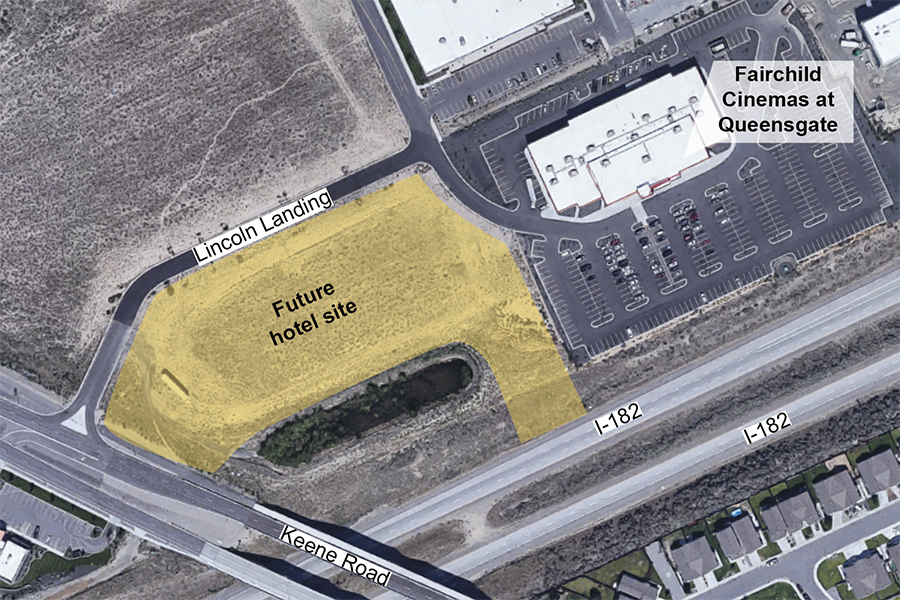 Eternal Hotels recently announced plans to begin building a hotel this fall near
Fairchild Cinemas at Queensgate in Richland. (Graphic by Vanessa Guzmán)