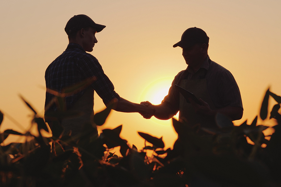 Two farmers talk on the field, then shake hands. Use a tablet